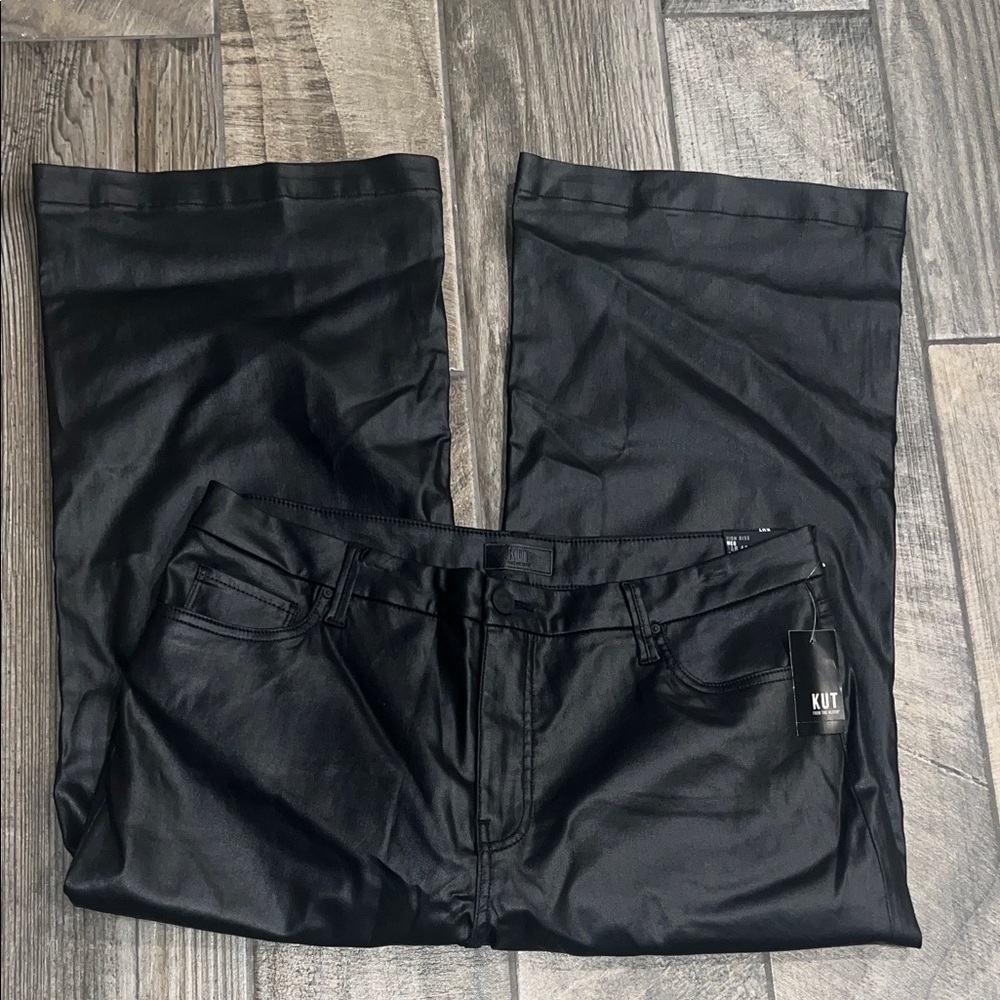 NWT Kut “Meg”Black Faux Leather high rise, wide leg Pants